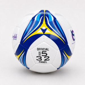 Hand stitched soccer ball size 5 in white, navy and yellow